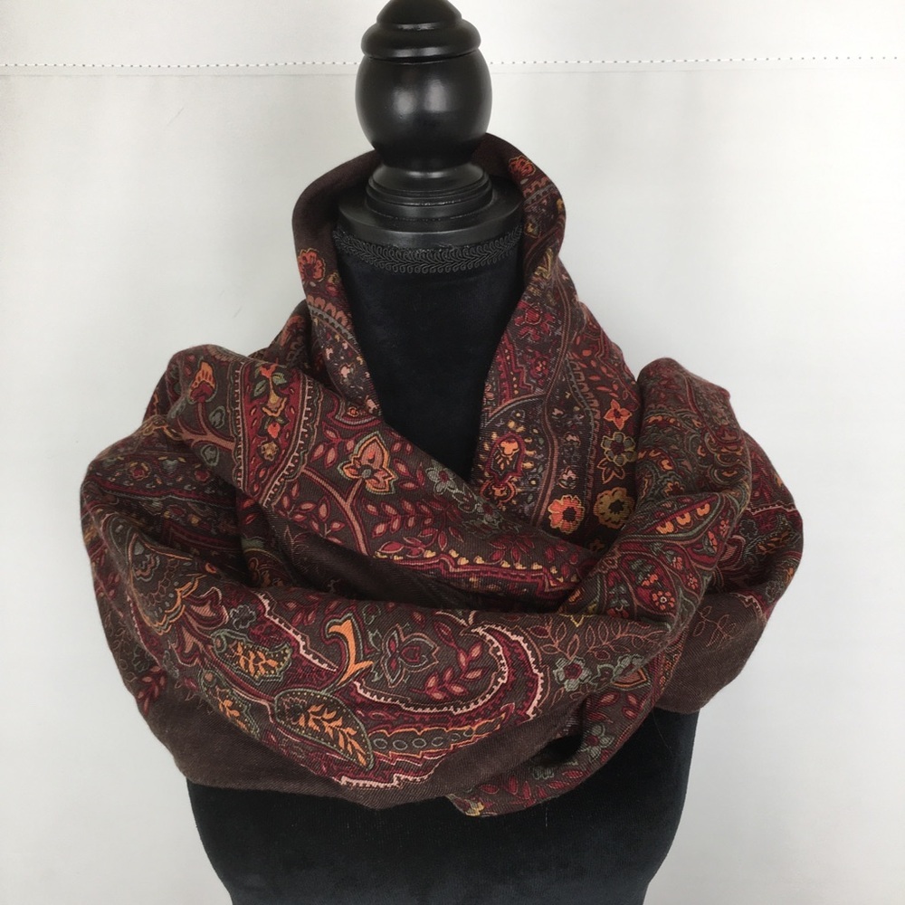 Talbots Wool Silk Blend Oversized Paisley Floral Square Scarf Brown Red Orange